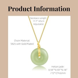 LOOYUUPEE Natural Hetian Jade Pendant Safe Buckle Necklace, Real Green Donuts Jade Charm Pendant Adjustable Choker Necklaces for Mom Lover Her (925 Sterling Silver with Gold Plated)