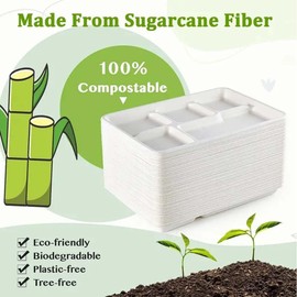 iPEAK 50Pcs Disposable Plates with 5 Compartments, Biodegradable Bagasse Paper Dishes Trays Natural Recyclable Ideal for Birthday, Anniversary, BBQs, Picnics, Parties Suitable for Hot & Cold Food