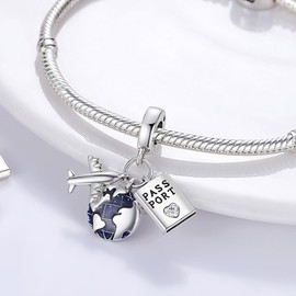 CINKOLA 925 Sterling Silver Airplane Passport Bead Charm for PanDra Charms Bracelets for Woman 5A Cubic Zirconias travel Beads (Airplane Passport Earth)