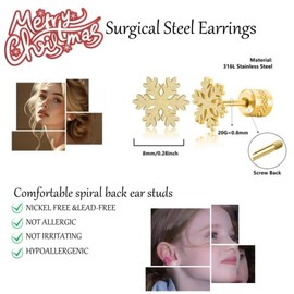 ZQGOFPT Snowflake Earrings Christmas Stainless Steel Earrings Spiral Back Nickel Free&Lead-Free Non Allergic And Non Irritating 2 Pairs Golden 8mm (golden)