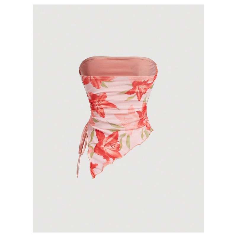 WDIRARA Women's Floral Mesh Strapless Side Ruched Tube Top Asymmetrical