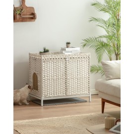 SETVSON Cat Litter Box Enclosure Furniture, Hidden Handwoven Rattan Litter Box with Mat, Large Cat House with Metal Heightened Feet, 30.3 x 18.3 x 28 Inches, Indoor for Living Room, Bedroom White