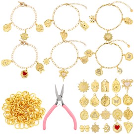 Landical 47 Pcs Gold Bangle Charm Bracelet Making Kit DIY Jewelry Making Kit 6 Pcs Gold Bracelets 20 Pcs Multi Pendants 20 Pcs Open Jump Rings 1 PC Jewelry Plier for Women