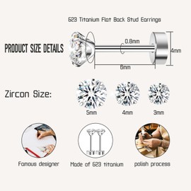 Artskin Titanium Cubuic Cubic Zirconia Stud Earrings for Women Men CZ Earring Stud Earrings Hypoallergenic Flat Back Earrings Silver Girls Earring Stud Set for Cartilage 3 mm - 5 mm, Titanium, Cubic