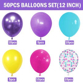 Pink Blue Purple Balloons, 50 Pcs 12 Inches Hot Pink Metallic Purple Teal Yellow Balloons Confetti Balloons for Birthday Kids Theme Decoration Baby Shower Engagement Party Supplies
