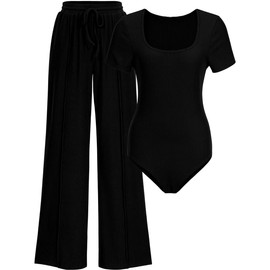 Hotexy Women's Two Pieces Outfits Square Neck Short Sleeve Shapewear Bodysuit Drawstring Pants Knit Matching Sets,Black,L