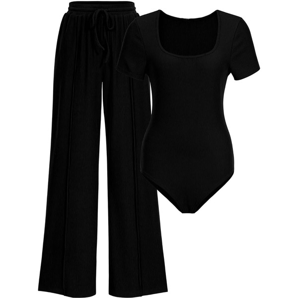 Hotexy Women's Two Pieces Outfits Square Neck Short Sleeve Shapewear