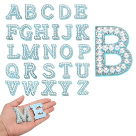uxcell 52pcs Rhinestone Iron on Letter Patches, A-Z Self Adhesive Glittery Rhinestone Alphabet Letter Sticker Appliques for DIY Jackets Hats Clothes Backpack, Blue