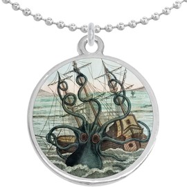 Kraken Octopus Ship Round Pendant Necklace