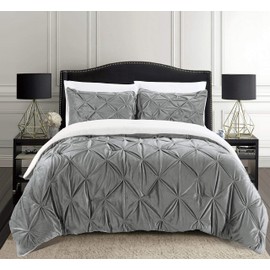 Elegant Comfort 3-Piece Set Pinch Pleated Sherpa Comforter Reversible Down Alternative Luxurious, Breathable, Cozy Fabric, Pinch Pleated Sherpa Comforter, California King, Silver Gray