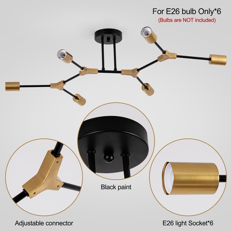 JERANDO Black and Gold Semi Flush Mount Ceiling Lighting Fixture,