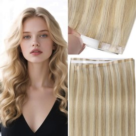 Anrosa 16 Inch Long invisible tape in hair extensions for Women Light Brown with Platinum Blonde Invisible Silky Wide Tape in Extensions Human Hair 50G