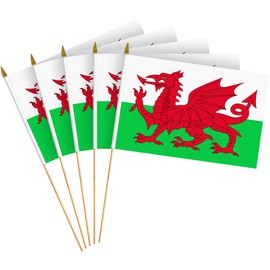 G128 50 Pack Handheld Wales Welsh Stick Flags | 8x12 In | Printed 150D Polyester, Country Flag, Solid Wooden Stick, Spear Gold Tip