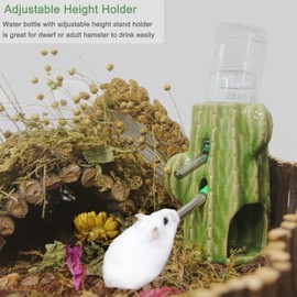 Zhilishu 2-in-1 Adjustable Hamster Water Bottle for Glass Tank, 80ML Gerbil Water Bottle with Stand, No Drip Ceramic Holder for Dwarf Hamster, Mice, Rat (White)
