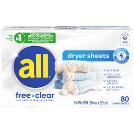 all Fabric Softener Dryer Sheets for Sensitive Skin, Free Clear, 80 Count