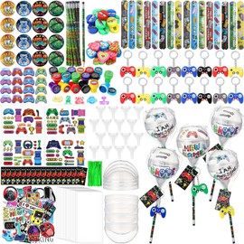 HyDren 212 Pcs Video Game Party Favors Set Includes Giant Lollipop Container Game Pencil Slap Bracelet Keychains Gift Tags Stamps Stickers Bag Twist Ties Sharpener Tattoo Badge Eraser for Birthday
