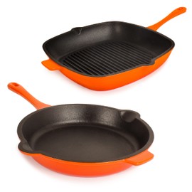 Berghoff 2Pc Neo Enameled Cast Iron Cookware Set, Grill Pan 11 Inches, Fry Pan 10 Inches, Oven Safe Up To 400°F, Orange