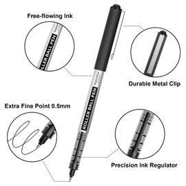 Shuttle Art Rollerball Pens, 10 Pack Black Liquid Ink Pens, 0.5mm Extra Fine Point, Quick Drying for Writing Journaling Taking Notes School Office