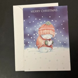 NEW Christmas Greeting Card Tiny Snowman Boy Snowing Heart Shaped Snowball CUTE!