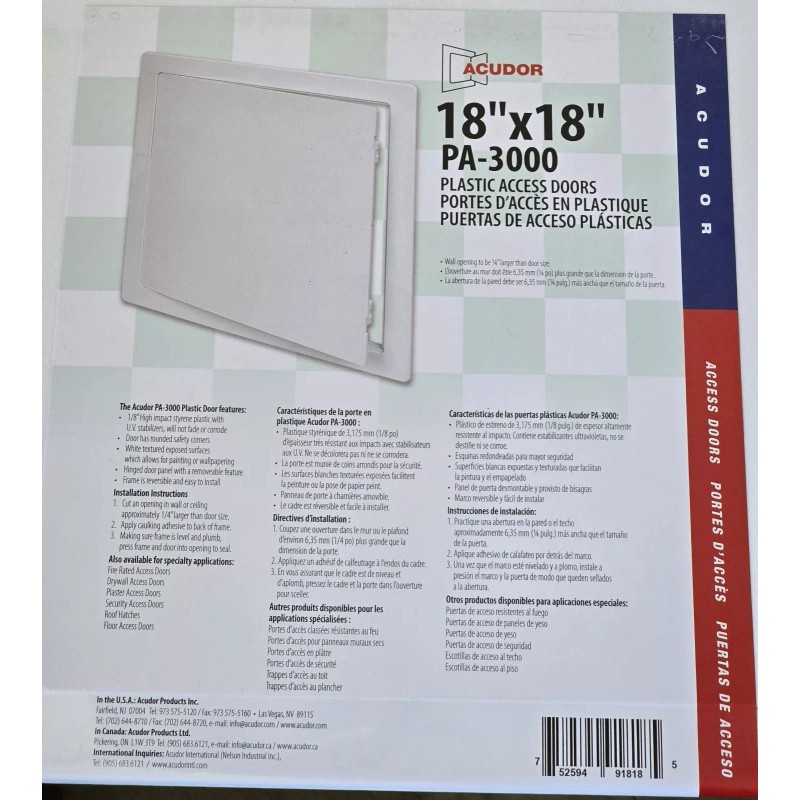 Acudor PA-3000 18"x18" White Universal Flush Access Door Plastic -shelf
