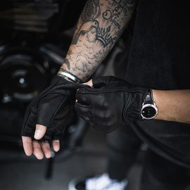 Harssidanzar Mens Motorcycle Gloves Half Finger Goatskin Leather Gloves GM037CA, Black, Size Medium