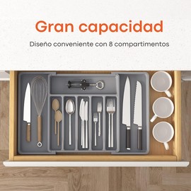 U Chef Organizador de Cubiertos para Cajón, Bandeja para Cubiertos Grande para Cajon Expandible para Utensilios de Cocina, Porta Cubiertos Ajustable para Cucharas, Tenedores, Cuchillos. (Gris)