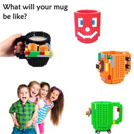 DEEXITO Build on Brick Coffee Mugs,Creative DIY Kids Party Cups with Building Blocks,Fun Novelty Gifts for Kids Childhood Adults Office Birthday Xmas,Blue