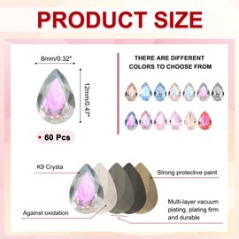 MECCANIXITY 60 Pcs 3D Teardrop Rhinestones Diamond Nail Charm Crystal Pointback K9 Glass Rhinestones Crystal Gems for Jewelry Making, Craft, 8x12mm, AB Transparent