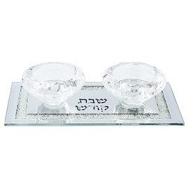 Low Crystal Candleholder Candlesticks Set Accented with Silver Stones for Shabbat 6" x 4"