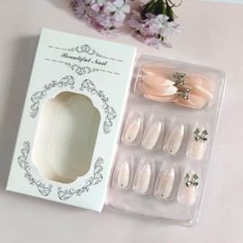 French Tip Press on Nails Almond Medium Fake Nails with Pearl Bow Designs Valentines False Nails 3D Nails Press ons Nude Glossy Full Cover Glue on Nails Acrylic Nail Kit for Women Girls 24 Pcs