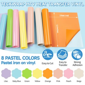 TECKWRAP Pastel Iron on Vinyl Boho Heat Transfer Vinyl Pastel- 12" x 3ft (30.5 x 92CM) 8 Rolls Pastel HTV for T-Shirts, Clothing, and Fabrics - Easy to Cut & Transfer DIY Projects