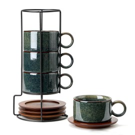 LUKA 6 Ounce Porcelain Stackable Espresso Cups with Saucers and Metal Stand Set of 4, Ceramic Cappuccino Cups Set for Specialty Coffee Drinks, Latte, Cafe Mocha and Tea, Reactive Dark Green