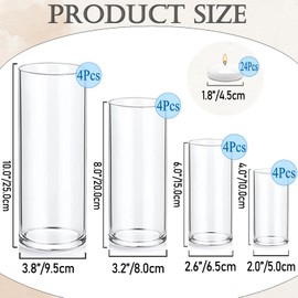 UDU Set of 16 Cylinder Glass Vases and 24 Pcs Floating Candles for Centerpiece, 4,6,8,10 Inch Tall Clear Flower Vases, Hurricane Candle Holder Glass Vases for Centerpiece Table Wedding Home Decor