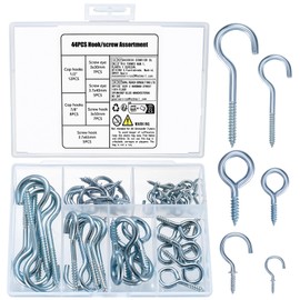 44 Piece Screw Hook Set: 12 Threaded Hook Screws & 12 Eye Screws & 20 Cup Hooks, Ceiling Hooks, Screw Eyelets, Eye Screw, Screw Hooks for Screwing for Garden Wood