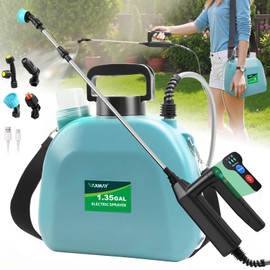 Battery Powered Sprayer 1.35 Gallon, 2025 Electric Garden Sprayer with 3 Adjustable Speeds, 4 Mist Nozzles, Rechargeable Handle, Retractable Wand with Adjustable Shoulder Strap for Weed Lawn(Blue)