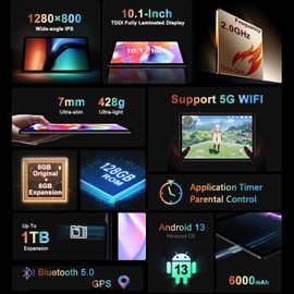 2025 Android 13 Tablet 10 inch Tablet with 12GB RAM + 128GB ROM,1TB Expand,2.0GHz Octa-Core Processor,IPS HD Display,Support 5G WiFi,GPS,Bluetooth 5.0 with Keyboard,Mouse - Black