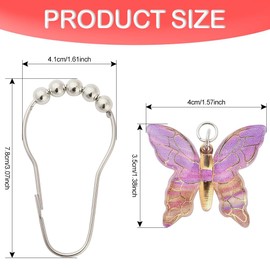 Blueshyhall Shower Curtain Hooks Rings, Rust Resistant Stainless Steel Decorative Hangers with Glide Balls for Bathroom Shower Rods, Set of 12 (Butterfly Colorful)