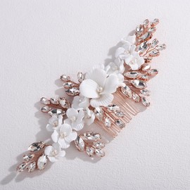 Xerling White Flower Rhinestone Hair Comb Bridal Wedding Floral Side Comb Women Hair Accessories Headpiece Head Jewelry for Brides Prom Gift (Rose Gold)