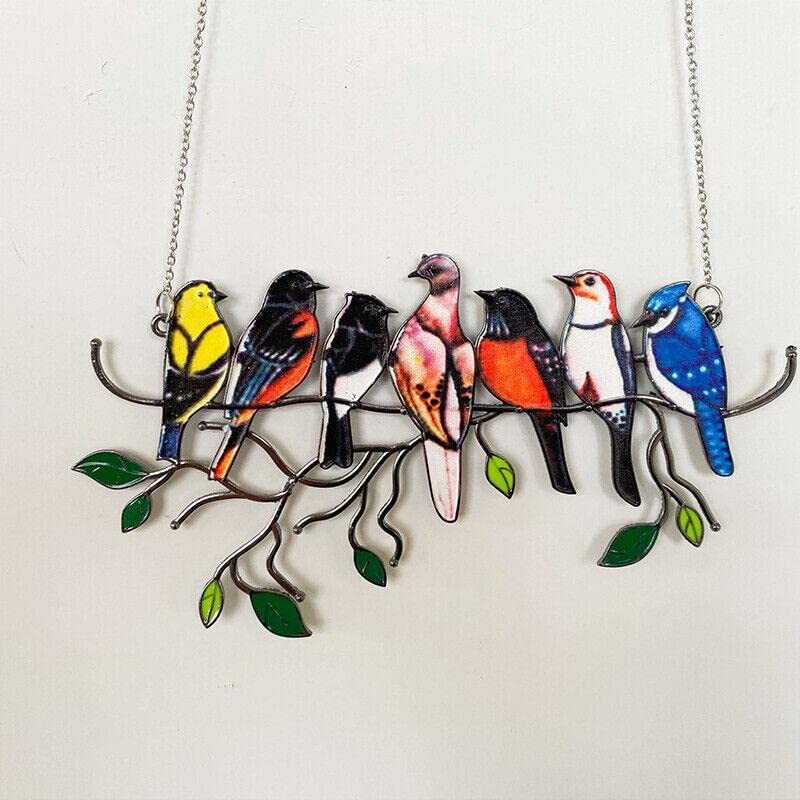 Stained Birds-On-A-Wire Window Panel Hanging Suncatcher Ornament Gifts, Home Decor