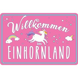LUCKYLINDE - 30 x 20 cm tin sign, children's room decoration sign - funny unicorn saying - "Willkommen im Einhornland"