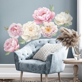 SHUCHING Large Flower Wall Sticker Peel and Stick, Vinyl Peony Wall Decal, Realistic Pink and White Floral Wall Decor Art for Living Room Girl Bedroom