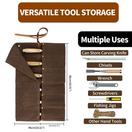 Baizoy Chisel Roll,6 Pockets Roll Up Tool Pouch,Waxed Canvas Small Tool Roll Organizer and Wrench Roll Up Pouch,Store Chisel,Wrench,Pliers,Carving Knife (Brown)