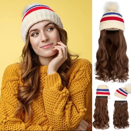 Qlenkay Beanie Hat with Long Wavy Curly Hair Extensions Knit Red Blue Striped Cap Attached 20in Synthetic Wig Detachable Hairpiece Warm Pom for Women Winter Ash Blonde Mix Bleach Blonde