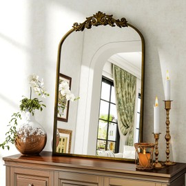 BEAUTYPEAK 26x38 Arched Mirror, Gold Traditional Vintage Ornate Baroque Wall Mirror for Bathroom, Bedroom, Hallway, or Fireplace Decor