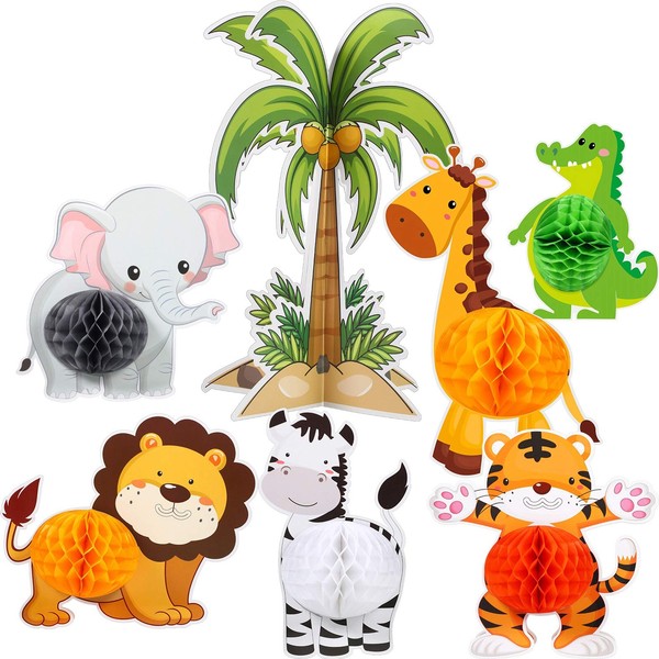 Blulu 7 Pieces Jungle Animals Centerpieces Wild Animals Honeycomb Party Supplies 3D Jungle Themed Birthday Decorations Animal Cutouts for Baby Shower Wedding Theme Party
