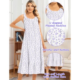 MZROCR 100% Cotton Nightgowns for Women Soft Sleeveless Night Gown for Adult Women Ruffle SleepwearWhite background,purple flowersSmall
