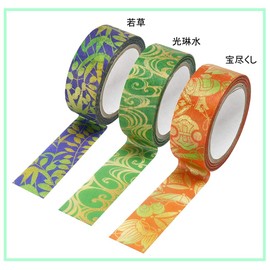 Kamiiso GR-0521 Masking Tape, Japanese Paper, Kimono Beauty 3 Rolls, Set of 3 (Treasure Exhaustion, Korinsui, Wakakusa) Set, Width 0.6 inches (15 mm) x 26.4 ft (7 m) Roll