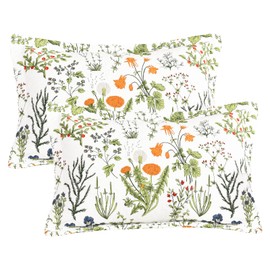 Sanracie Cotton King Size Pillow Shams Set of 2 (20"X36"), Flowers Plant Pattern Printed Pillow Covers Soft Breathable Envelope Closure Quilted Bed Pillows