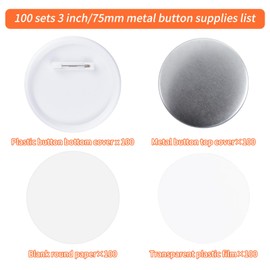 100 Sets 75mm/3inch Button Making Supplies, Pin Back Button Parts for Badge Maker Machine, Including Plastic Badge Pin Back Cover, Metal Covers,Blank Paper and Clear Plastic Film