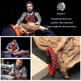 Casisto.J Men's Leather Bracelet Braided Stainless Steel Engraving Nordic Black Red Silver Gold Chain Braided Men's Jewellery with Magnetic Clasp in Jewellery Gift Box, Stainless Steel